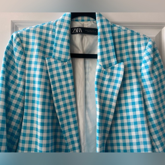 Zara Blue and White Sport Coat with Gingham Pattern - Picture 6 of 7